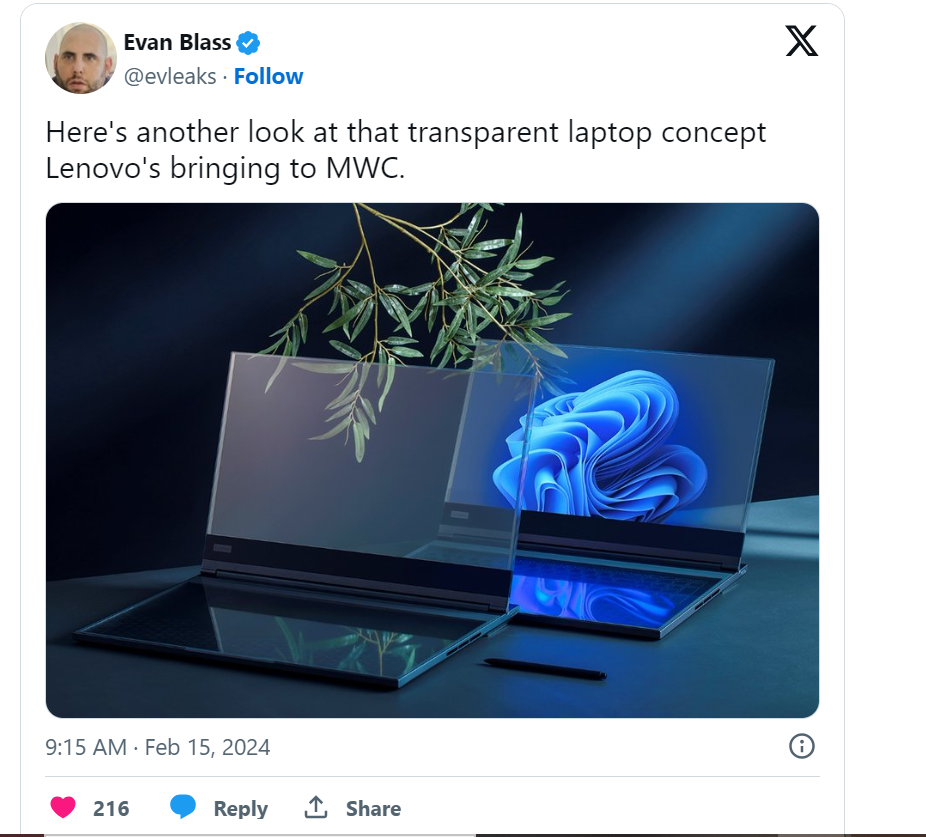  Lenovo Set to Unveil Transparent Screen Laptop at MWC 2024